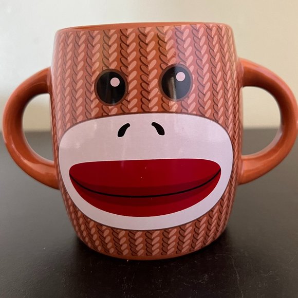 Retro Knitted Sock Monkey Ceramic Dual Handled Mug ~  Dual-Sided ~ By GALERIE - Picture 3 of 4